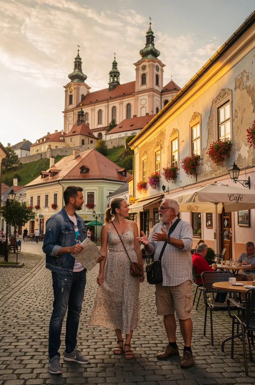 Close-up of traditional Slovak architectural details on a historic town square building facade.