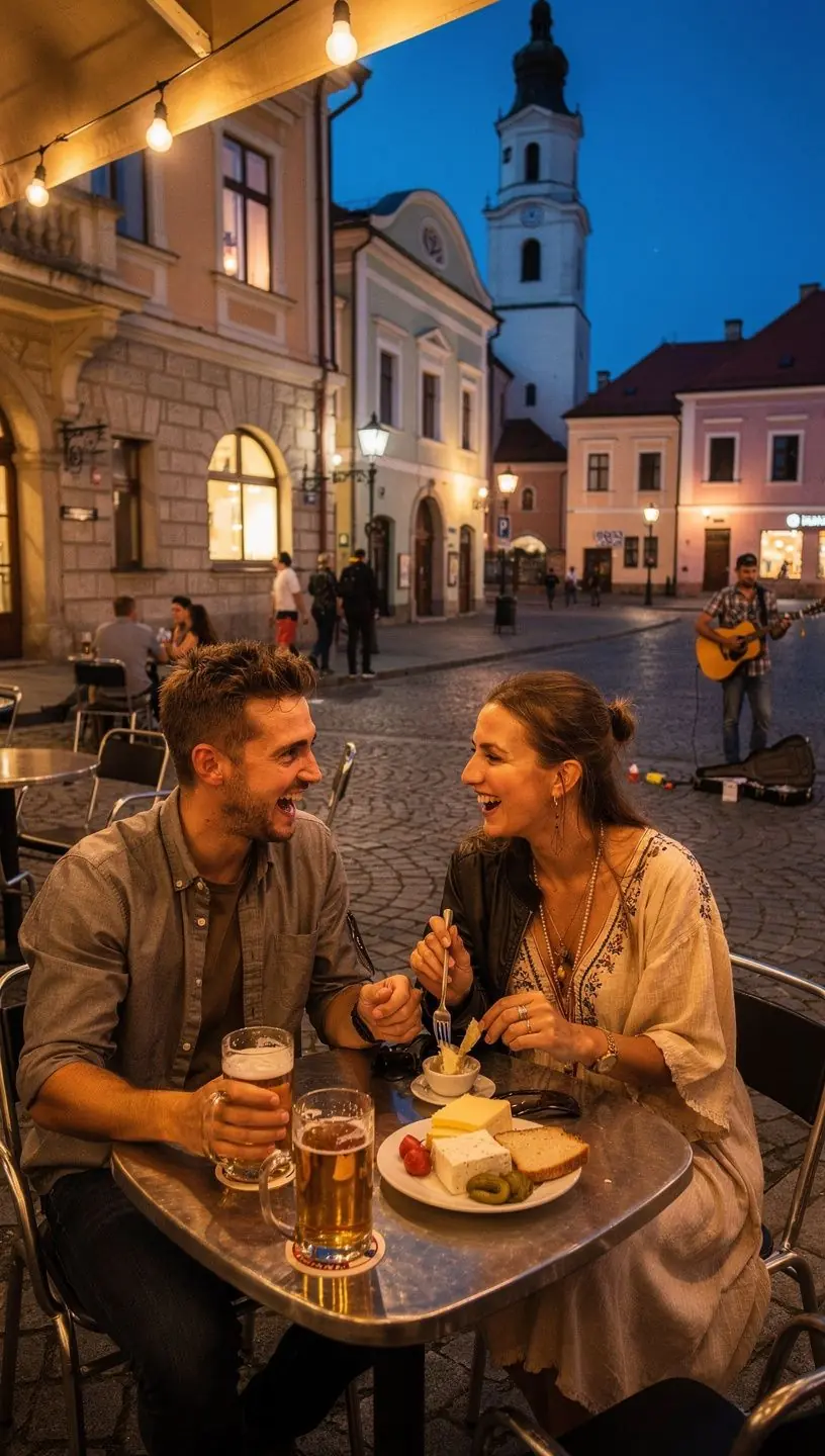 Visitors walking along a marked trail connecting several heritage sites in a compact, walkable town cluster.
